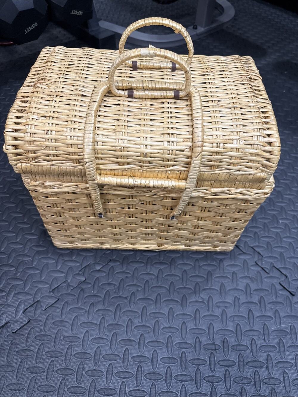 Vintage Woven Wicker Rattan Lidded Picnic Storage Basket Case Folding Handle *